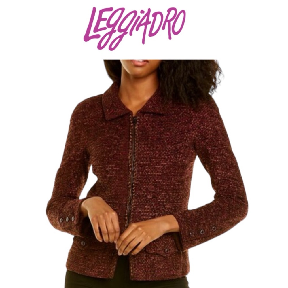 LEGGIADRO WOOL SILK BLEND WOVEN TWEED ZIPPER FRONT LONG SLEEVE BLAZER JACKET